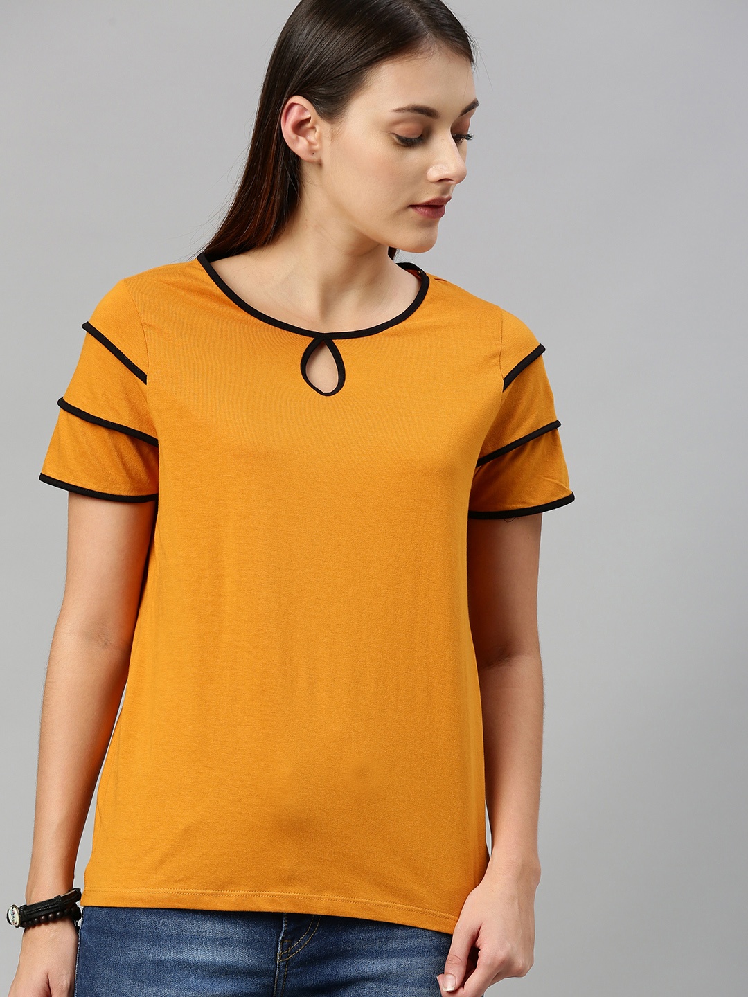 

Roadster Women Mustard Solid Keyhole Neck Pure Cotton Top