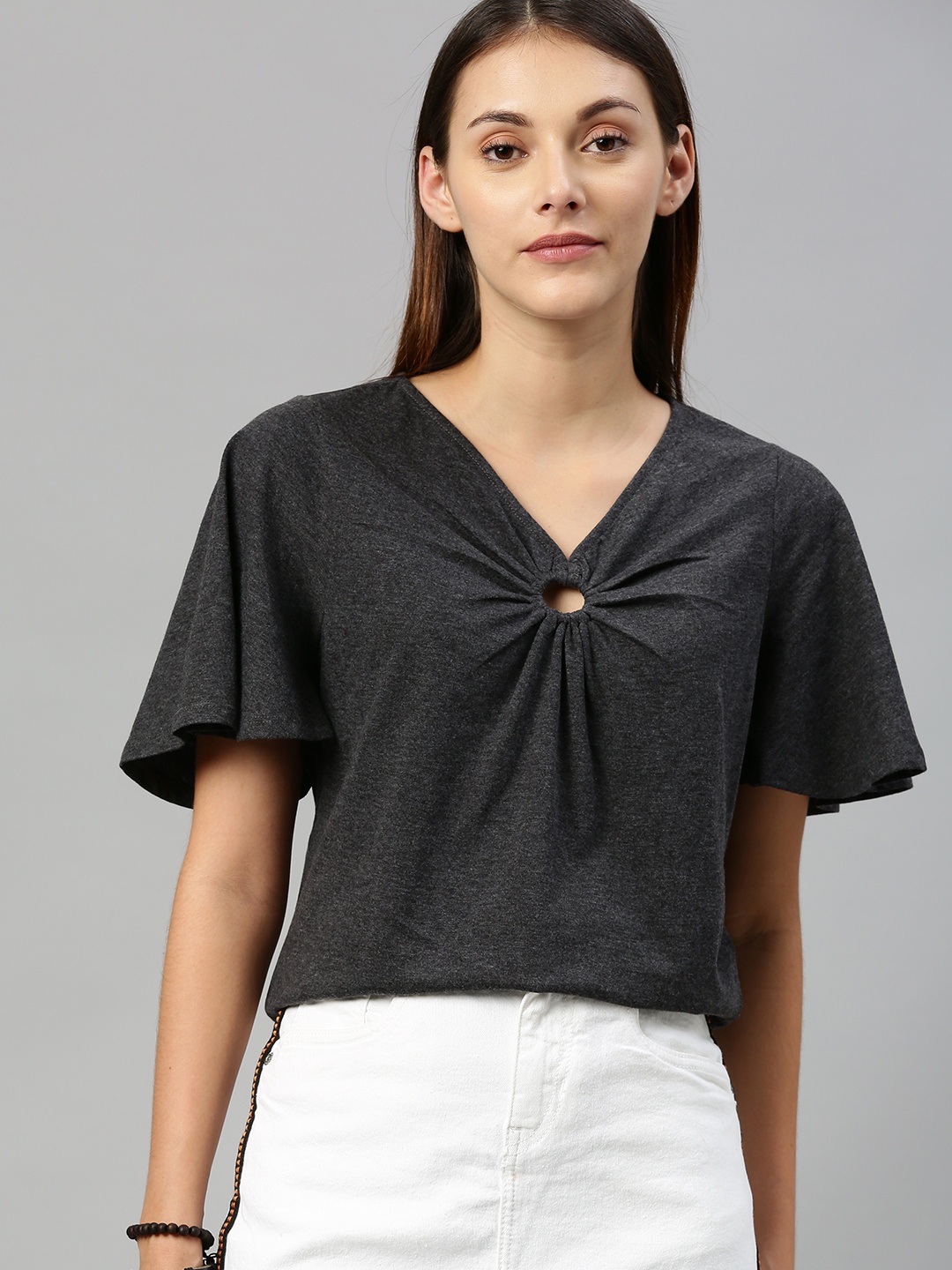 

Roadster Women Charcoal Grey Solid Gathered Top with Cut Out Detail
