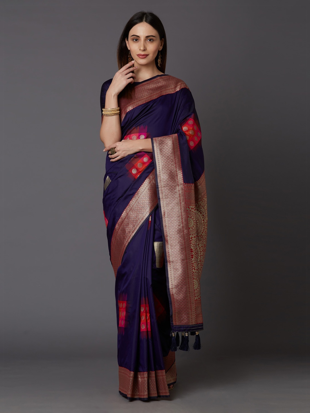 

Mitera Navy Blue & Pink Silk Blend Woven Design Banarasi Saree