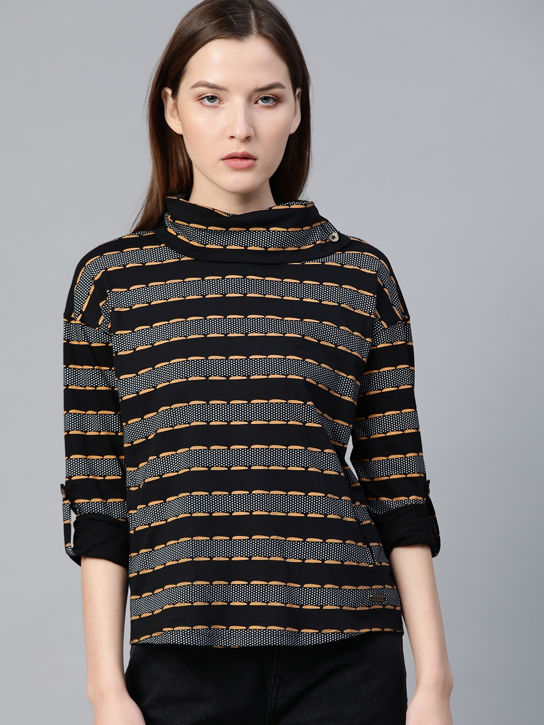 

Roadster Women Black & Yellow Printed Turtle Neck T-shirt