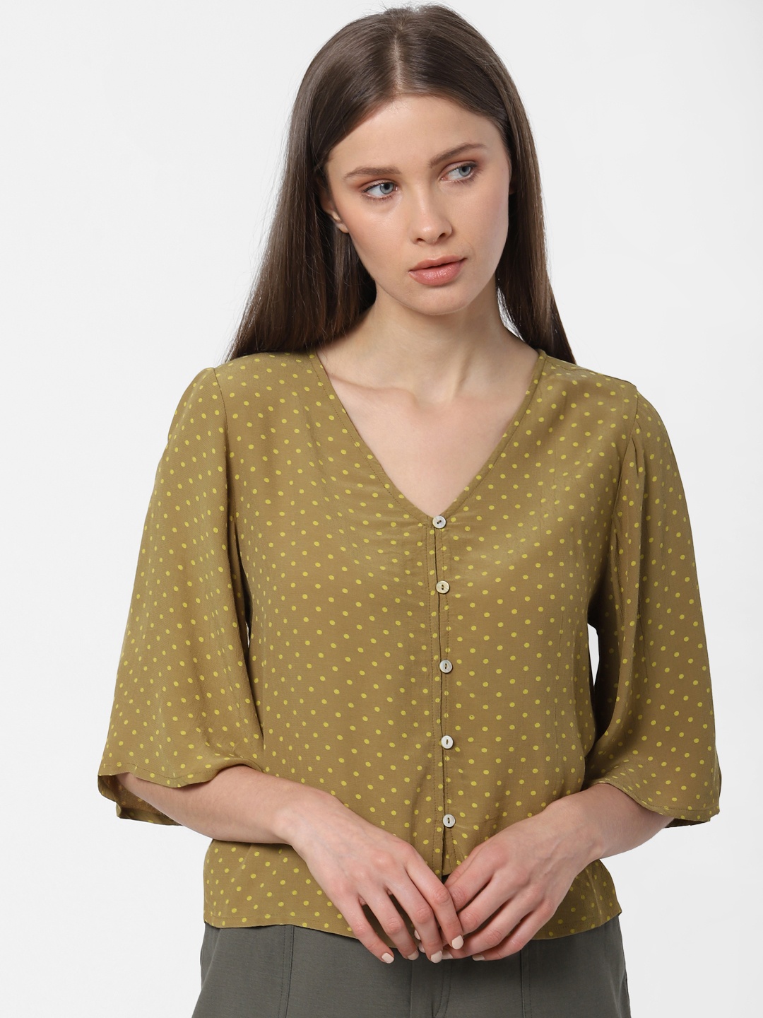 

ONLY Women Olive Green & White Polka Dot Printed Top