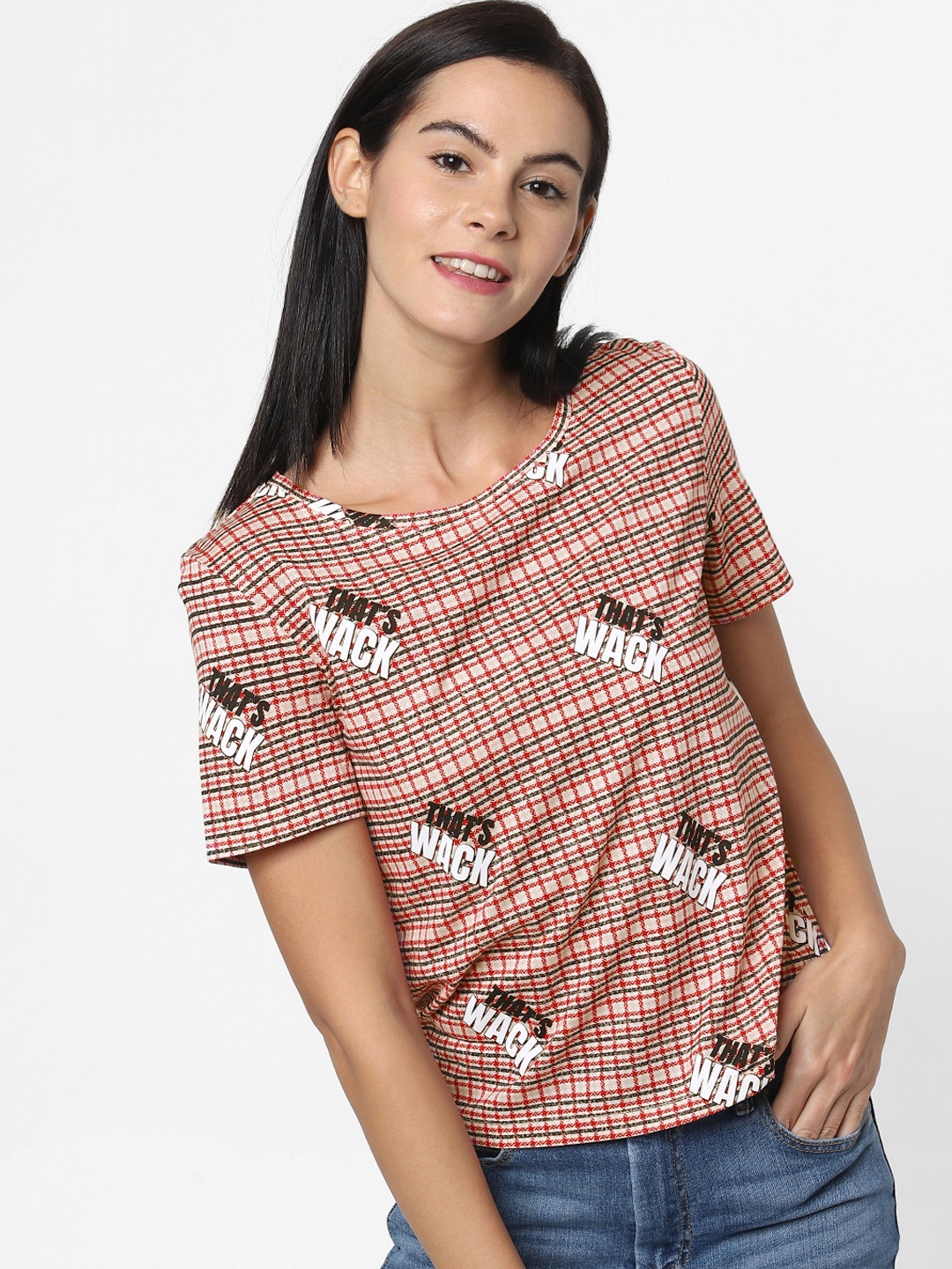 

ONLY Women Peach-Coloured Checked With Printed Details Round Neck T-shirt