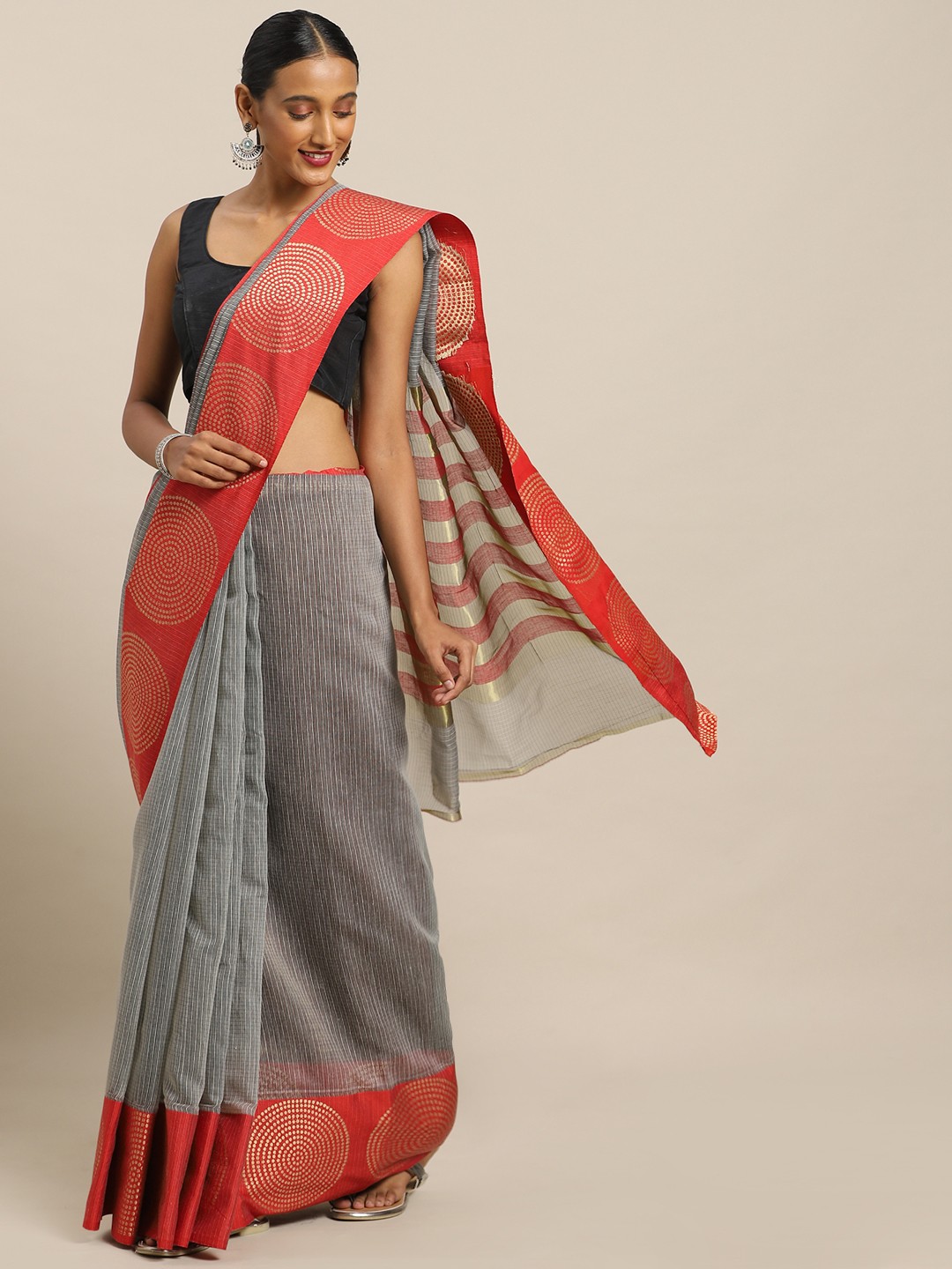 

Kalista Grey Checked Supernet Saree