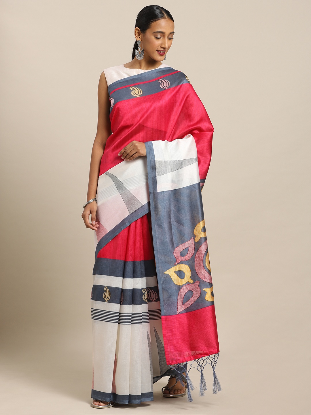

Kalista Red & White Poly Silk Striped Saree