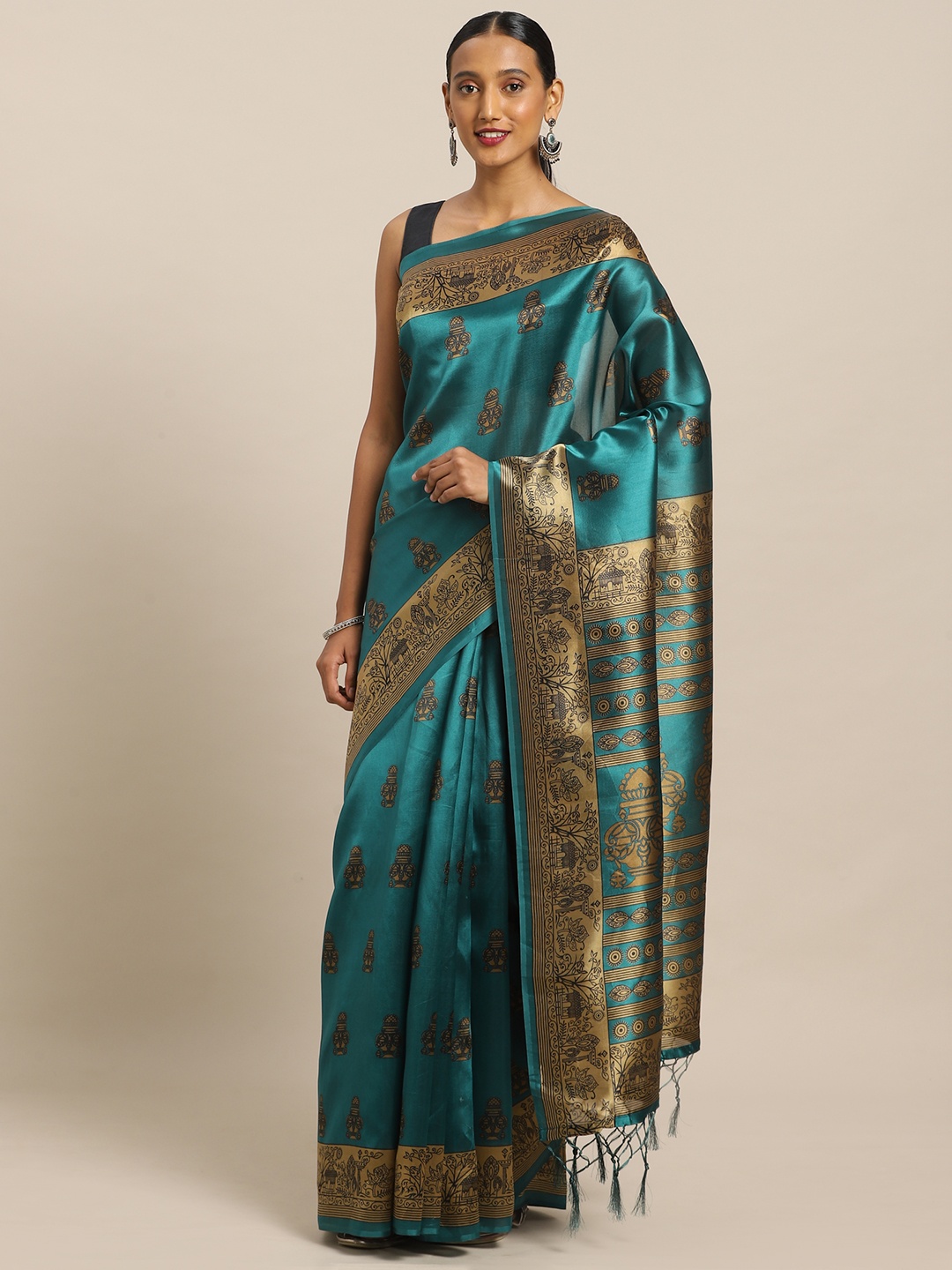 

Kalista Teal Blue & Beige Poly Silk Printed Saree