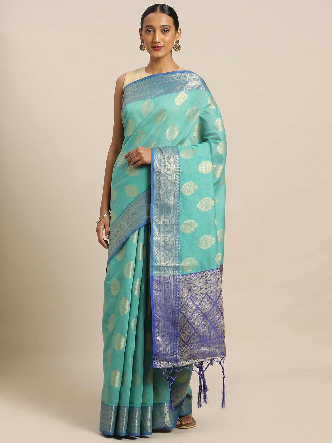 

Kalista Sea Green & Black Polycotton Embroidered Saree