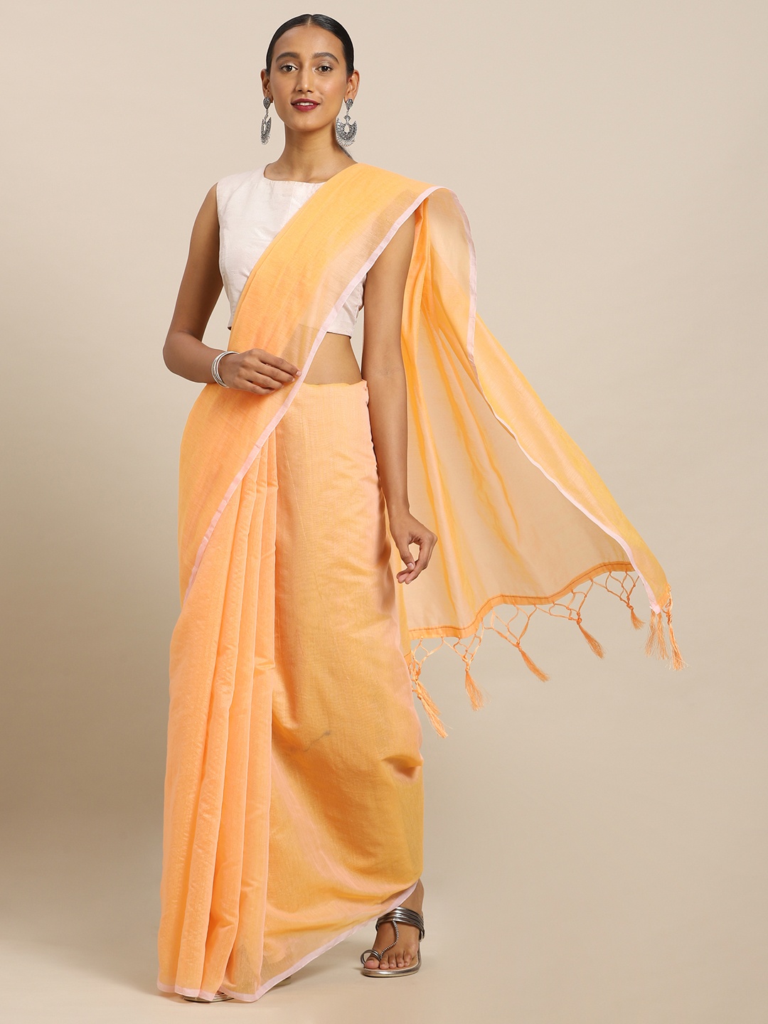 

Kalista Orange Solid Polycotton Saree
