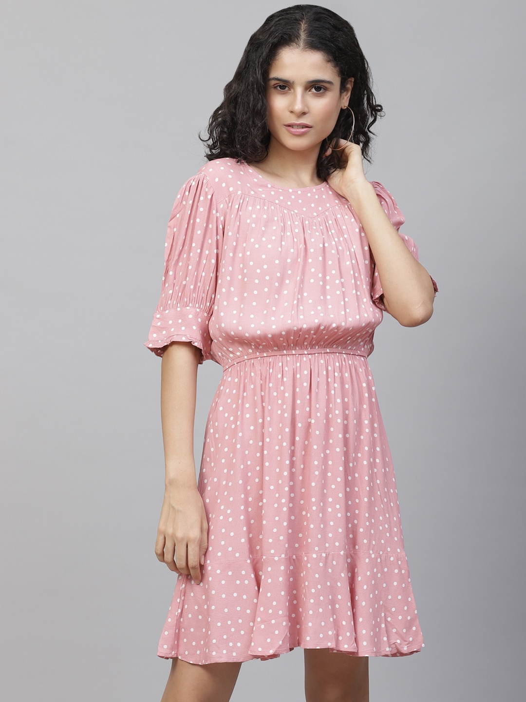 

Marks & Spencer Women Pink & White Polka Dot Print Blouson Dress