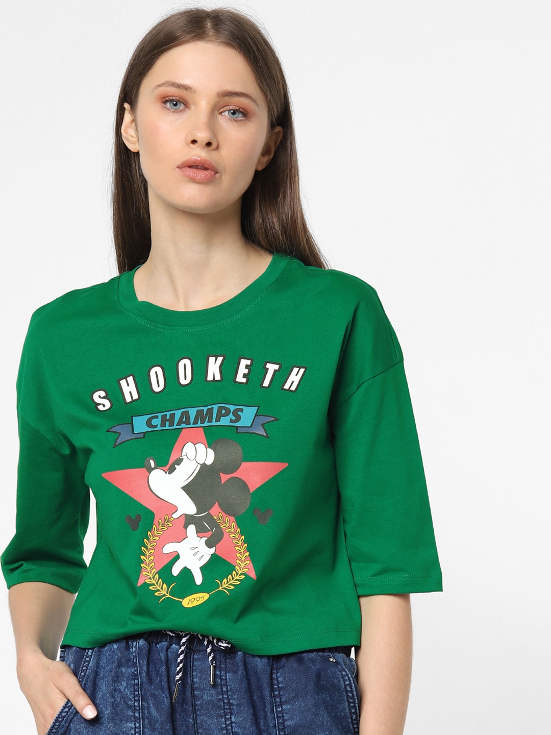 

ONLY Women Green Mickey Mouse Printed Round Neck Pure Cotton T-shirt