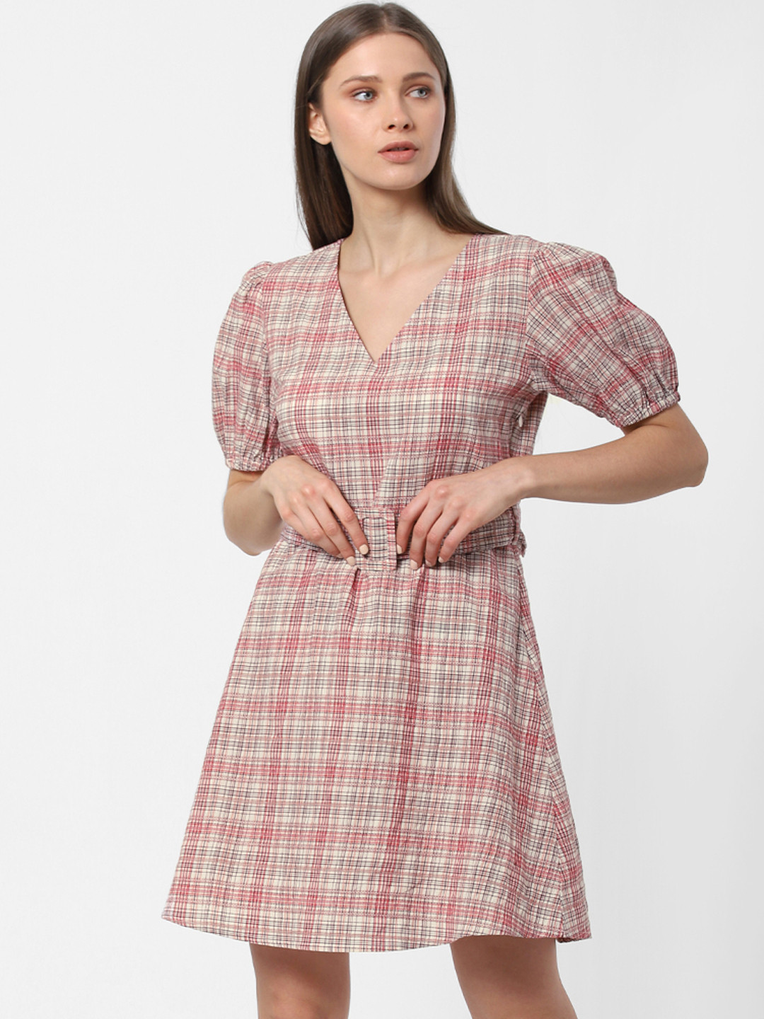 

ONLY Women Beige & Red Checked A-Line Dress