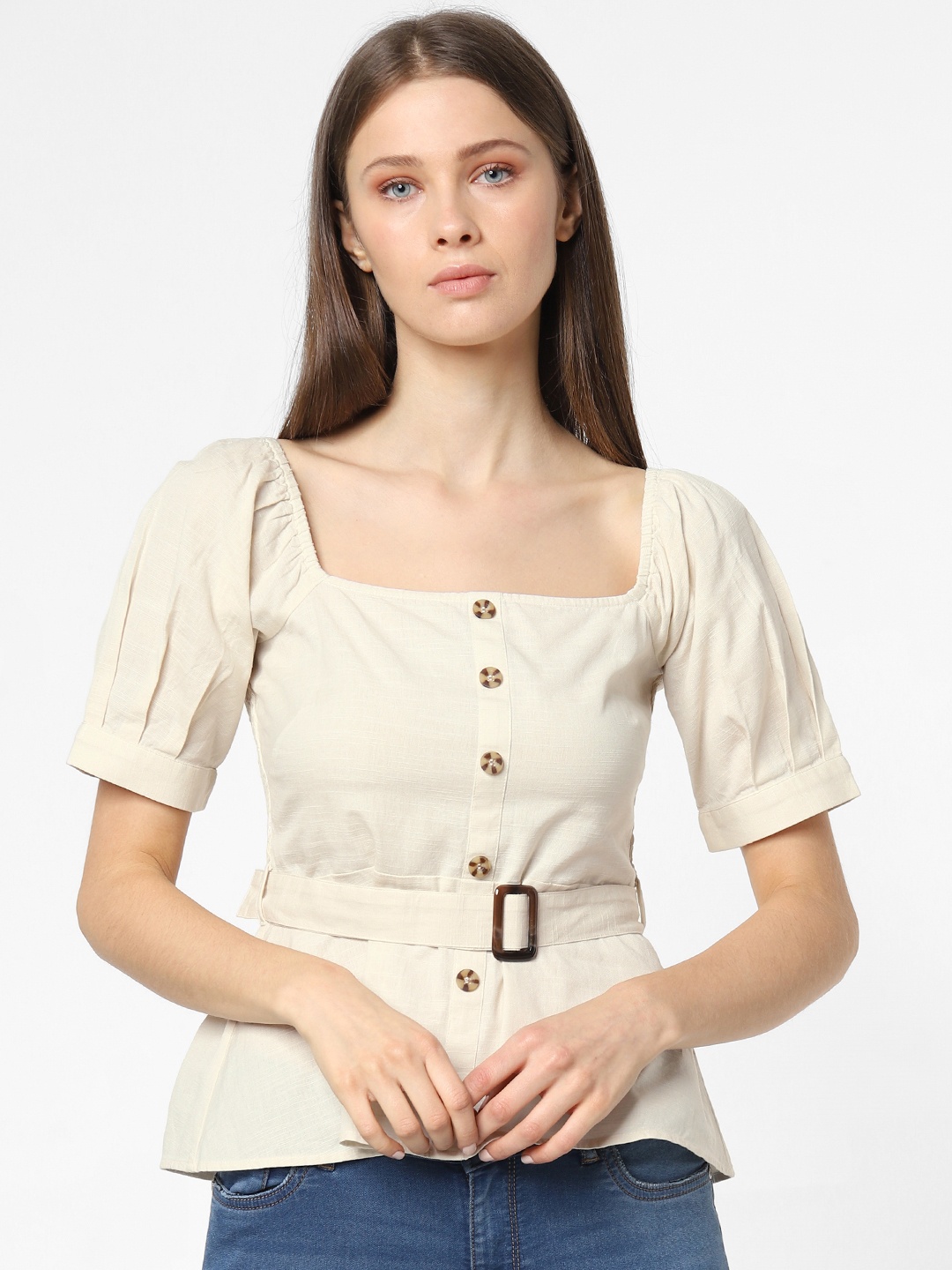 

ONLY Women Off-White Solid Pure Cotton Top