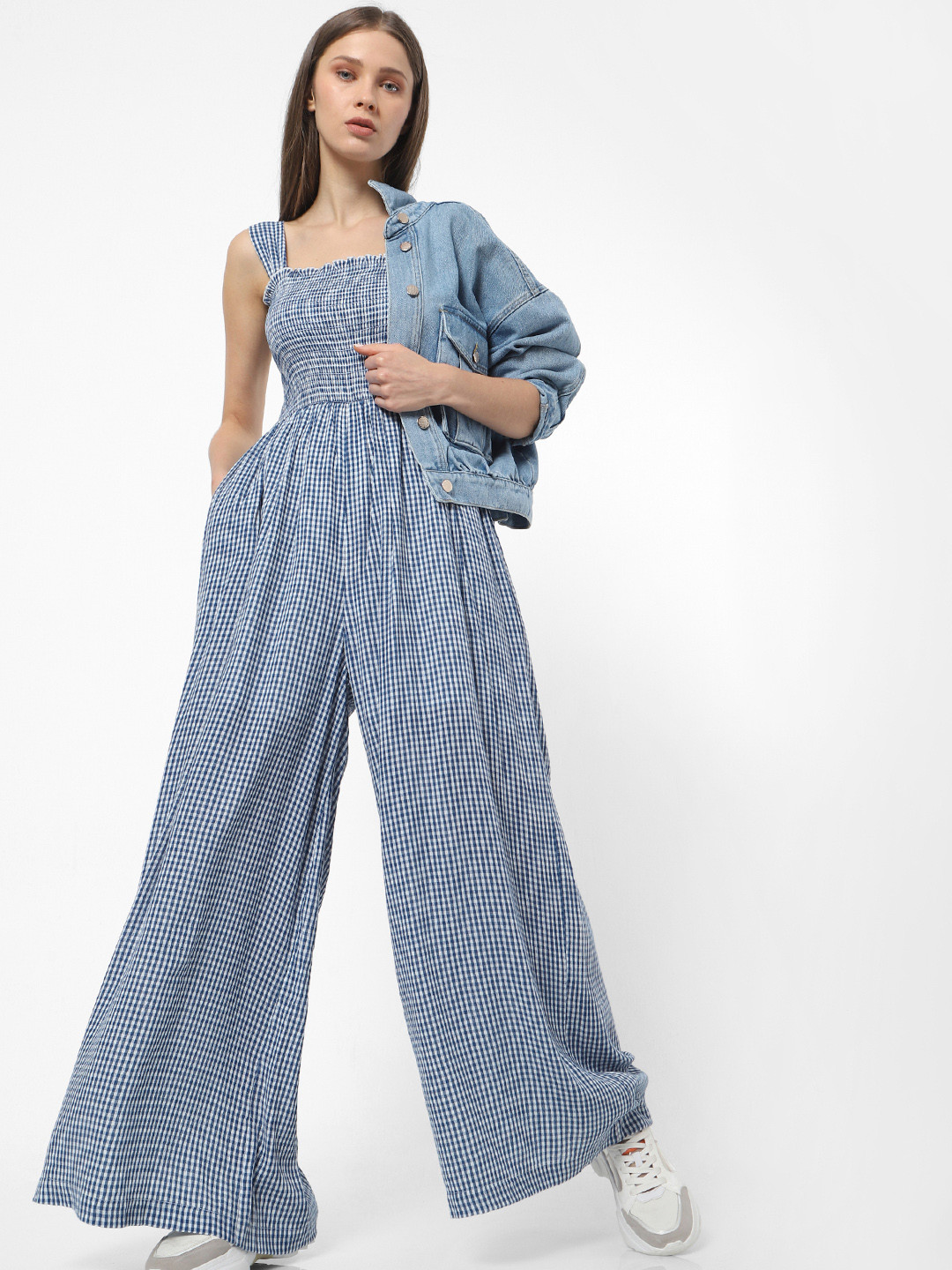 

ONLY Women Blue & White Checked Basic Jumpsuit