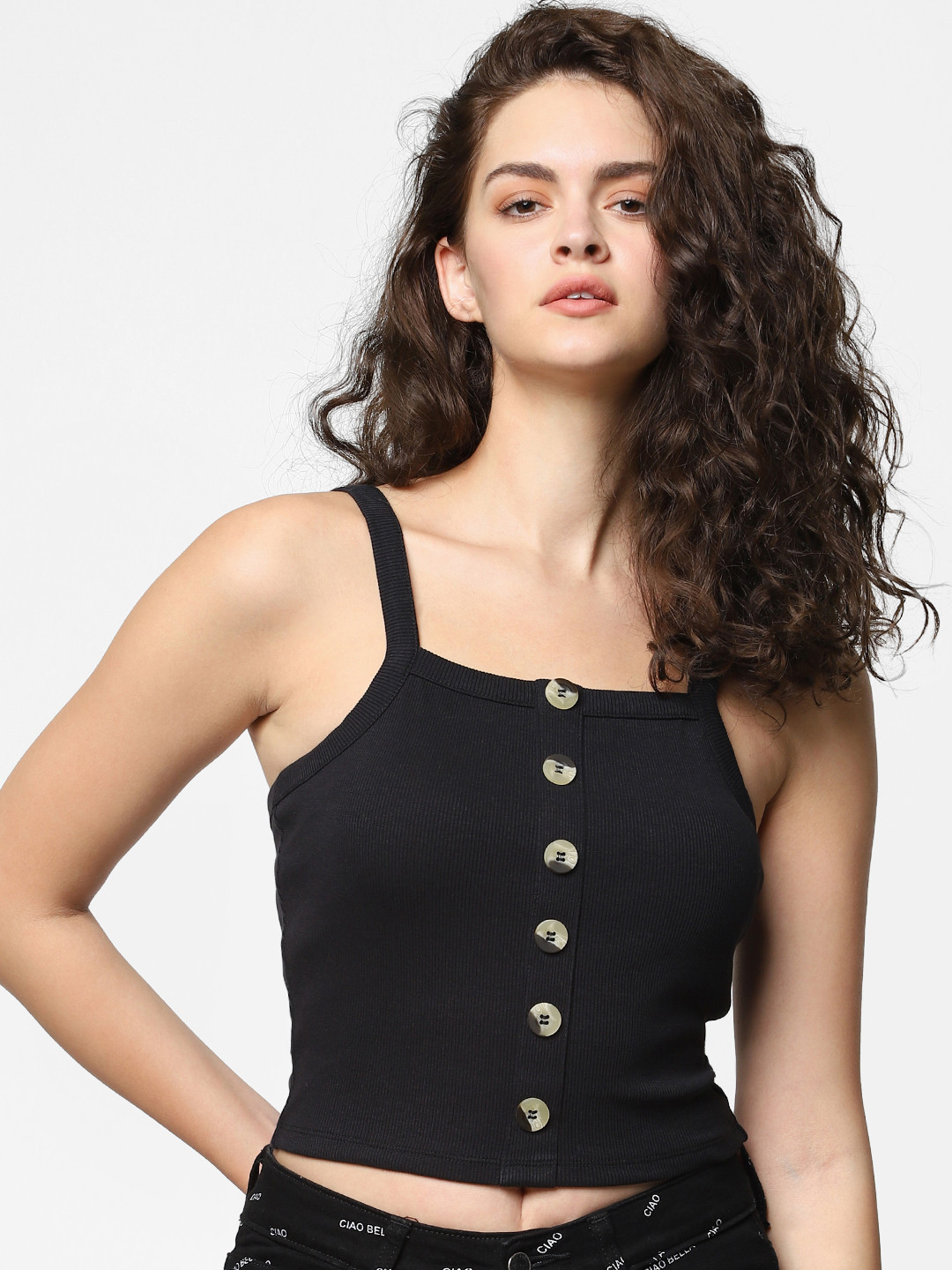

ONLY Women Black Ribbed Fitted Crop Top