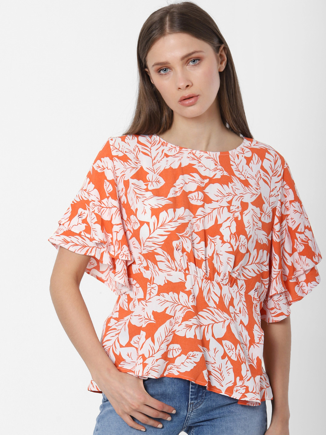 

ONLY Women Orange & White Floral Printed Cinched Waist Top