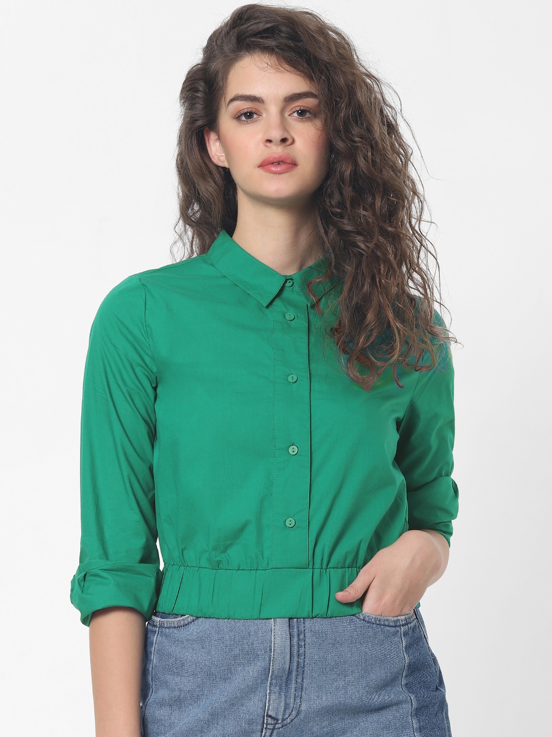 

ONLY Women Green Regular Fit Solid Cinched Waist Casual Shirt