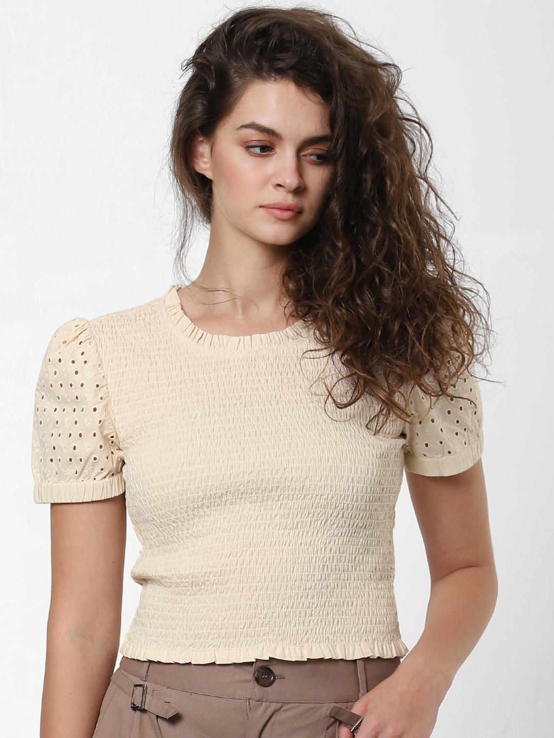 

ONLY Women Beige Solid Schiffli Embroidered Pure Cotton Top with Smocking Detail