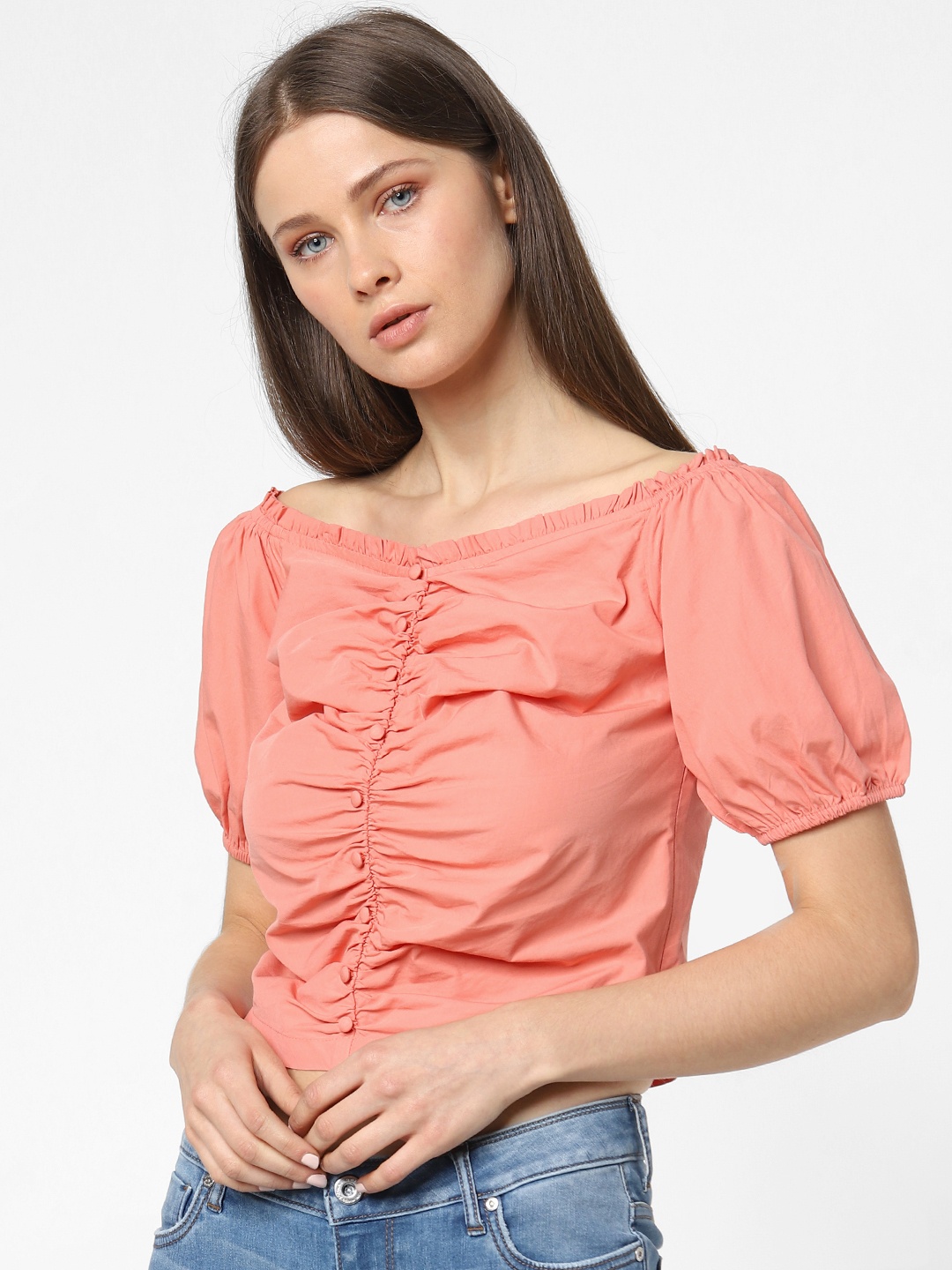 

ONLY Women Peach-Coloured Solid Gathered Crop Pure Cotton Top