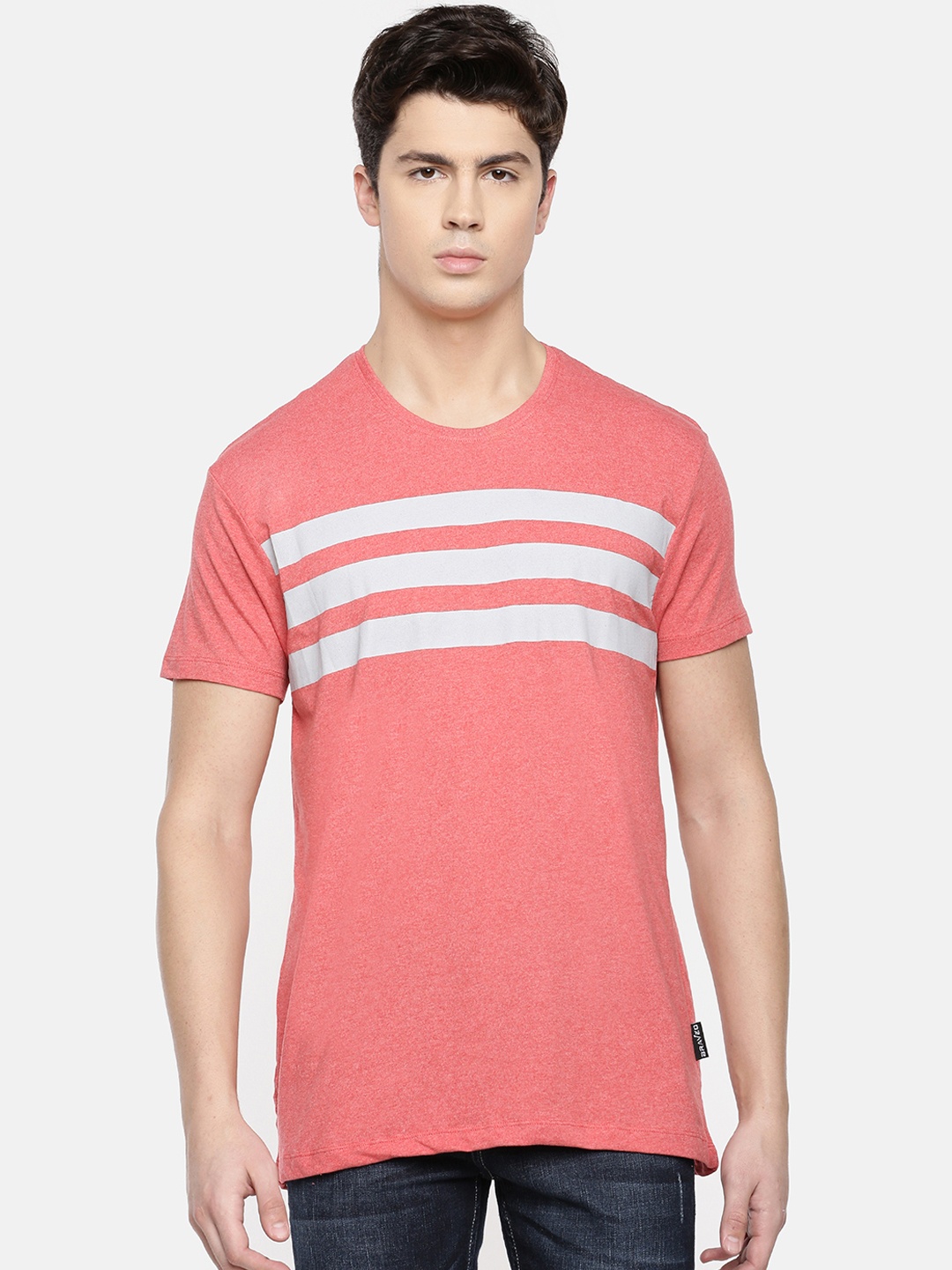 

Braveo Men Rust Melange Striped Round Neck Pure Cotton T-shirt