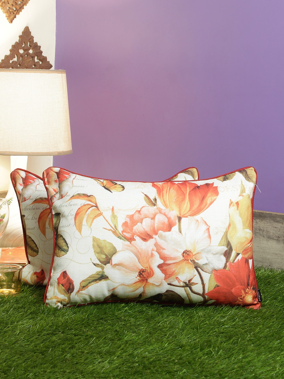 

Soumya Orange & White Set of 2 Floral Rectangle Cushion Covers