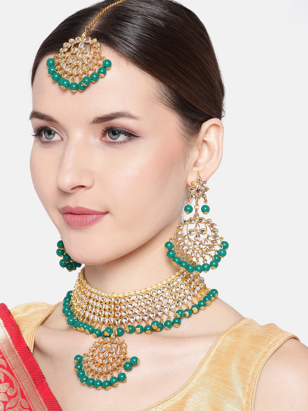 

Jewels Galaxy Green Gold-Plated Stone-Studded & Beaded Jewellery Set