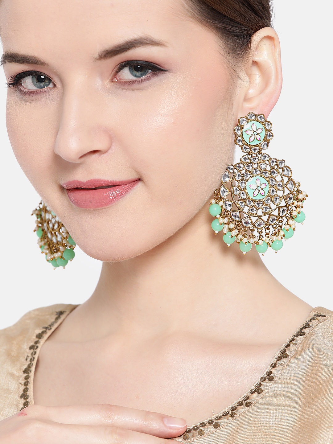 

Jewels Galaxy Sea Green Gold-Plated Enamelled Stone-Studded Classic Drop Earrings