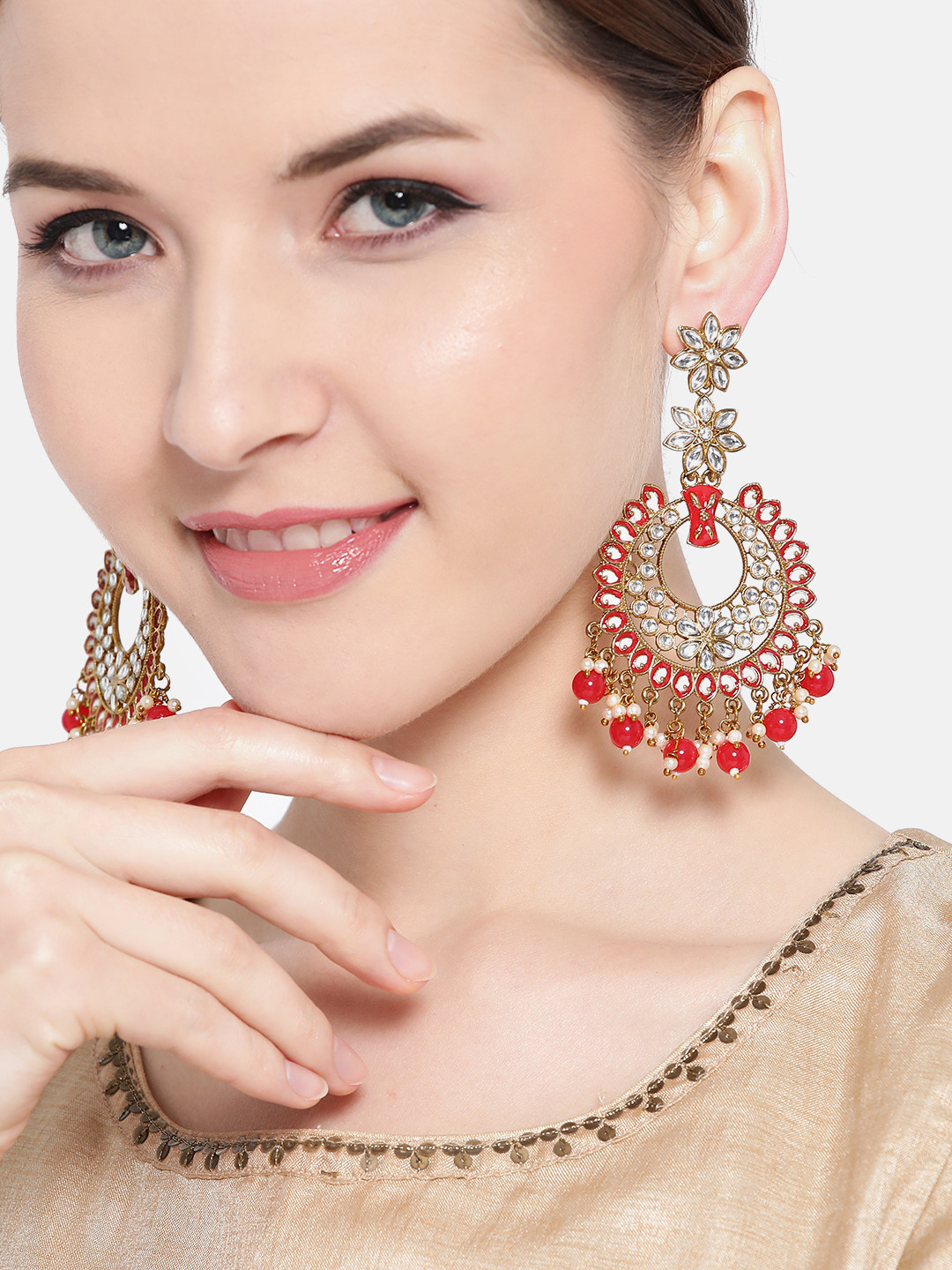 

Jewels Galaxy Red Gold-Plated Enamelled Stone-Studded Crescent-Shaped Chandbalis