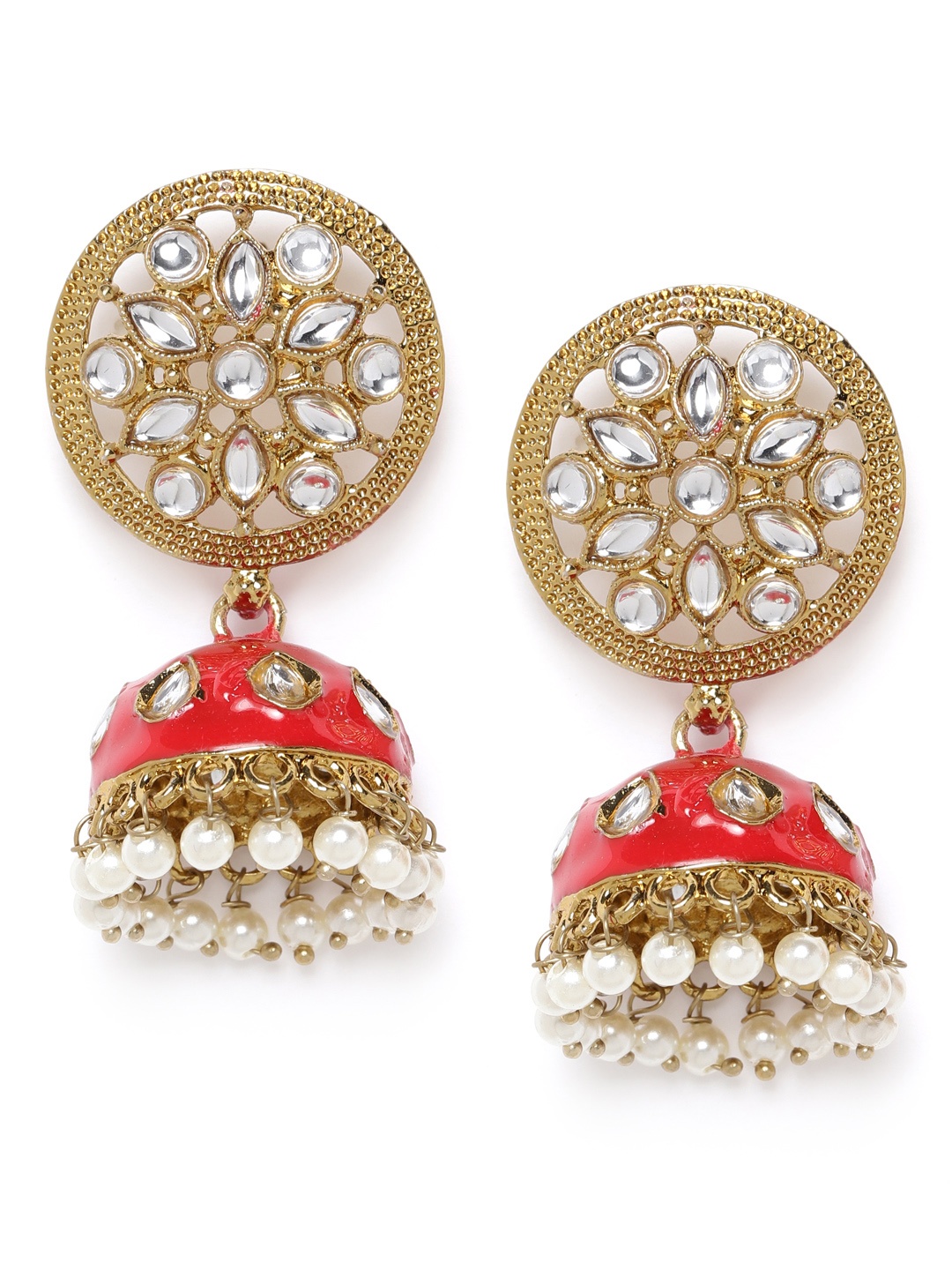 

Jewels Galaxy Red & Off-White Gold-Plated Stone-Studded & Beaded Dome Shaped Jhumkas