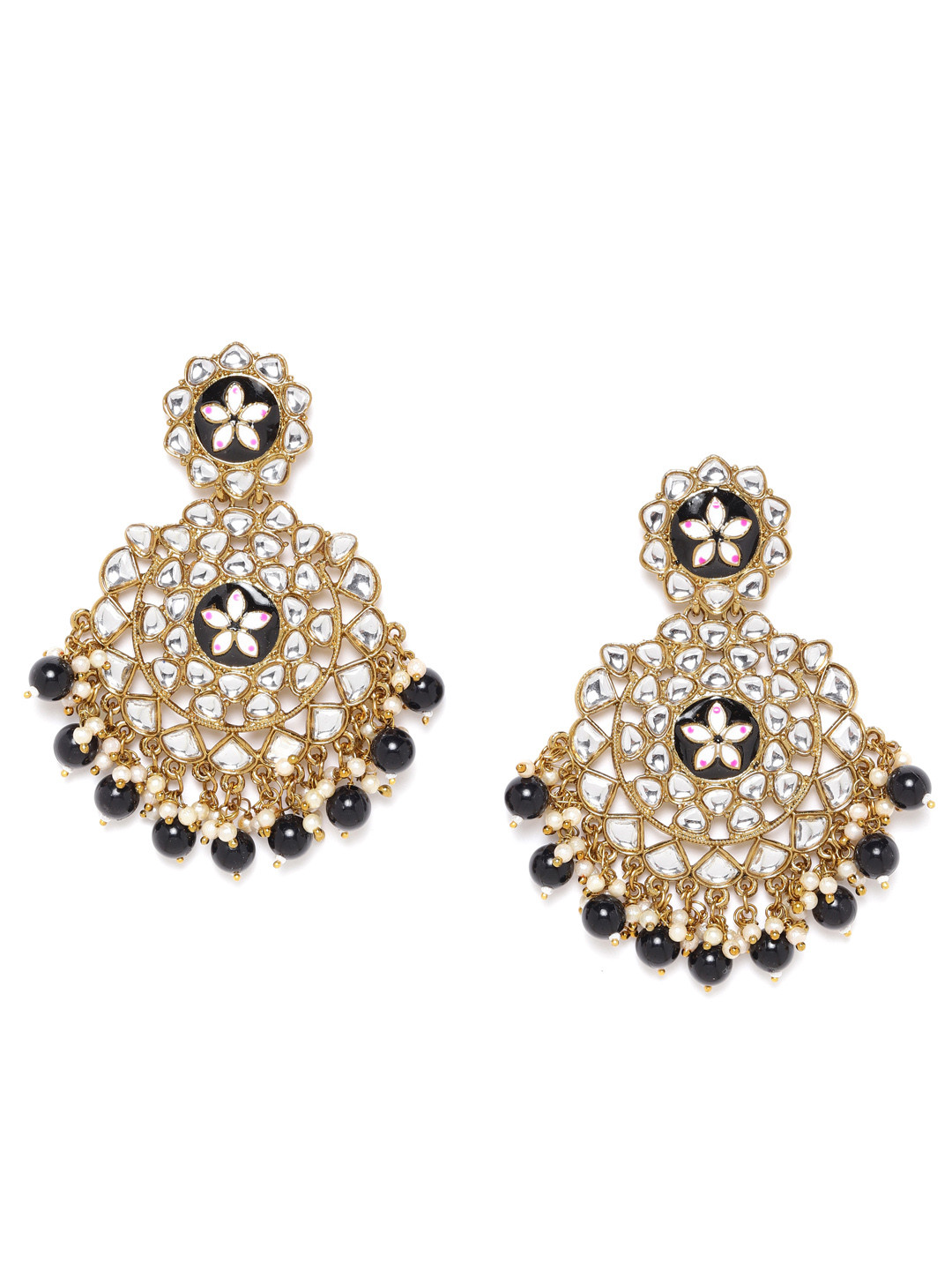 

Jewels Galaxy Black & Off-White Gold-Plated Stone-Studded & Beaded Classic Drop Earrings