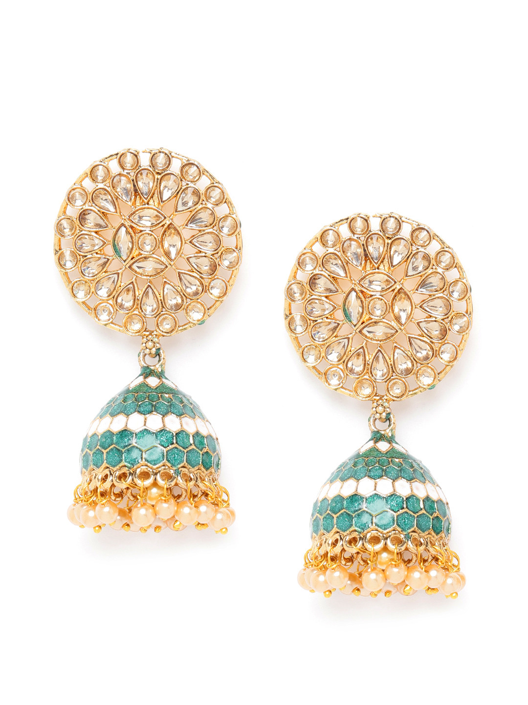 

Jewels Galaxy Green Gold-Plated Stone-Studded Enamelled Dome-Shaped Jhumkas