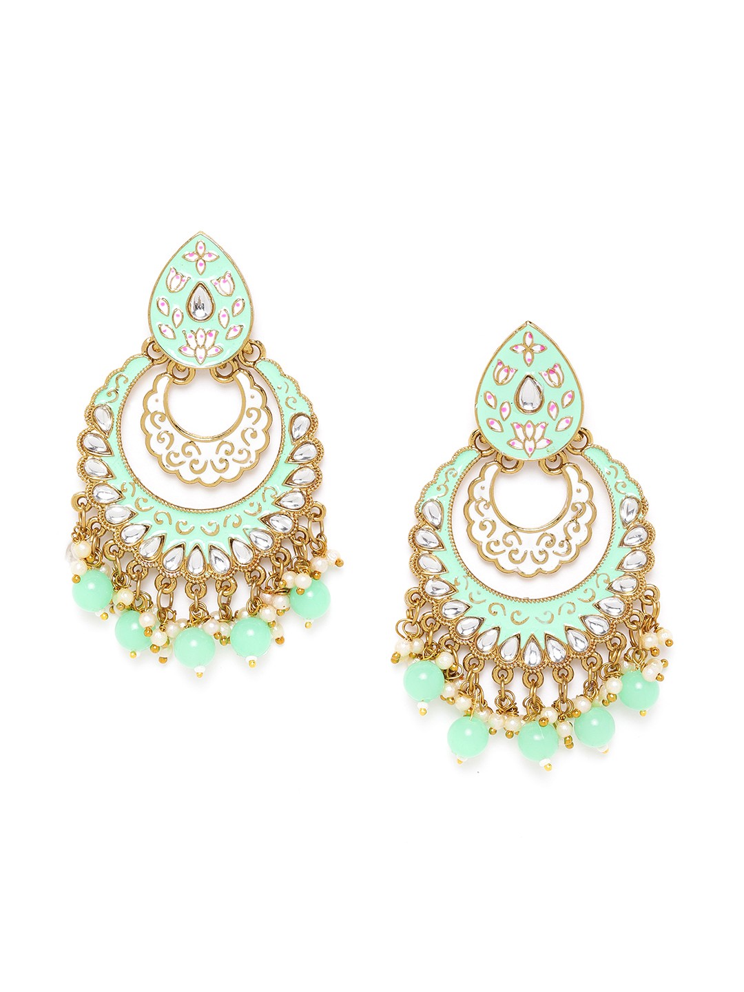 

Jewels Galaxy Sea Green Gold-Plated Enamelled Stone-Studded Crescent-Shaped Chandbalis