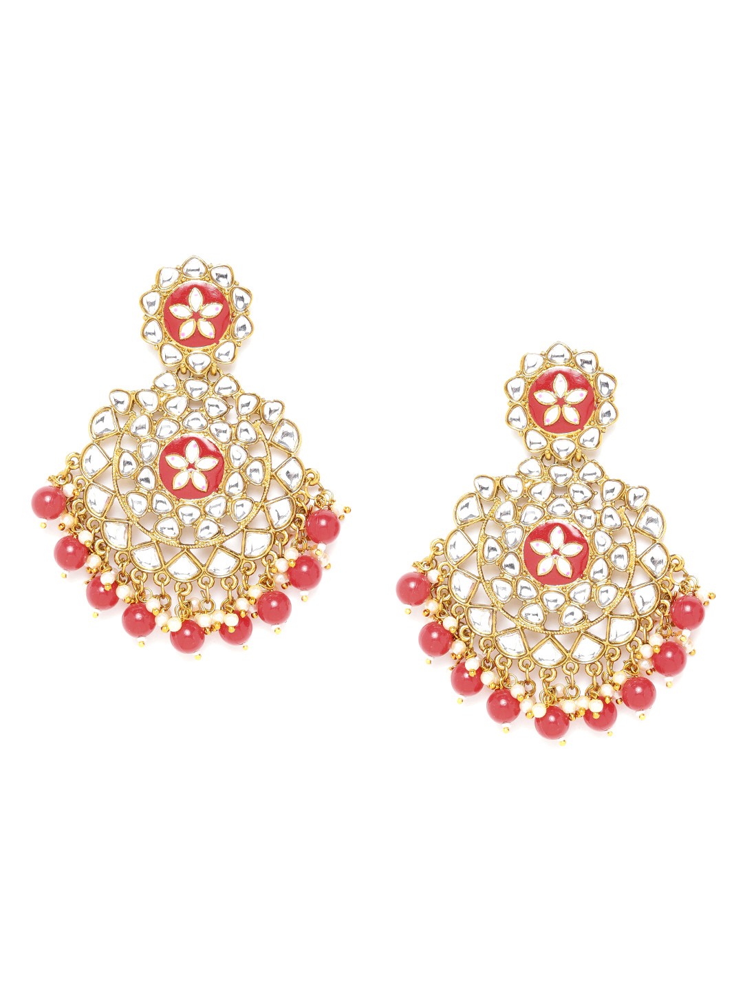 

Jewels Galaxy Red & Off-White Gold-Plated Stone-Studded & Beaded Classic Drop Earrings