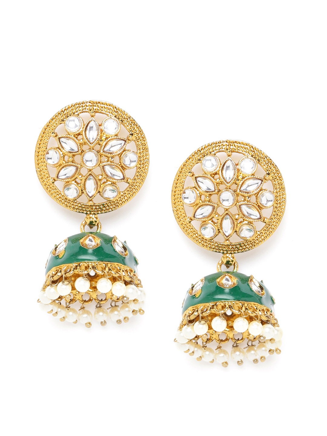 

Jewels Galaxy Teal Green Gold-Plated Stone-Studded & Beaded Dome Shaped Jhumkas