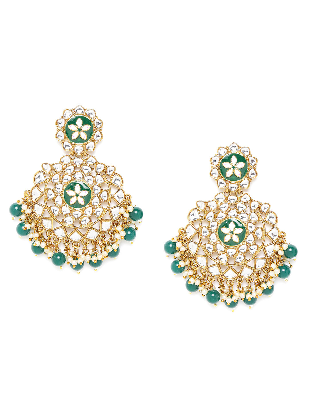 

Jewels Galaxy Teal Green Gold-Plated Stone-Studded & Beaded Classic Drop Earrings