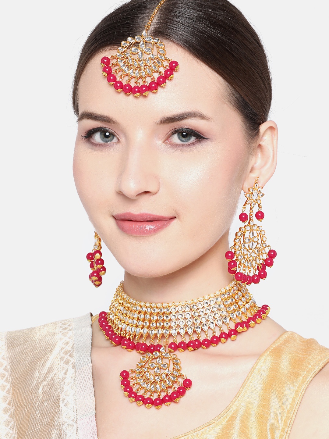 

Jewels Galaxy Red Gold-Plated Stone-Studded & Beaded Jewellery Set