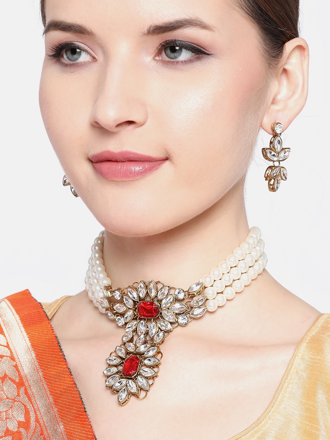 

Jewels Galaxy Red & White Gold-Plated Stone-Studded & Beaded Jewellery Set