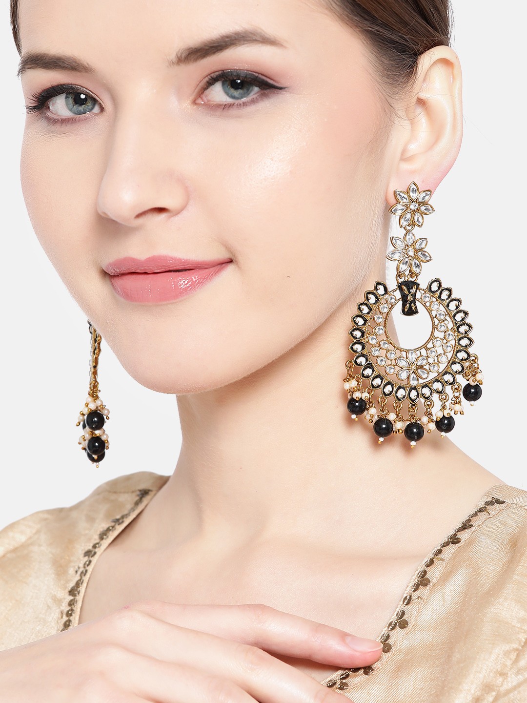 

Jewels Galaxy Black Gold-Plated Stone-Studded & Beaded Crescent Shaped Chandbalis