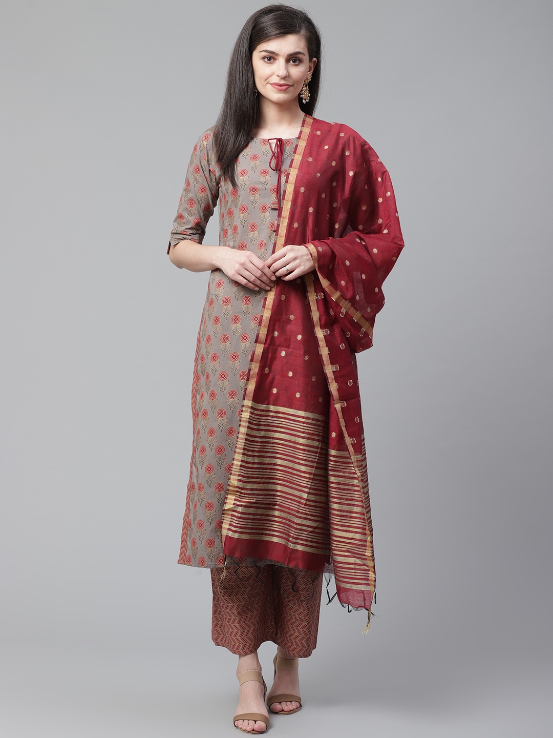 

Indo Era Women Grey & Maroon Printed Kurta with Palazzos & Dupatta