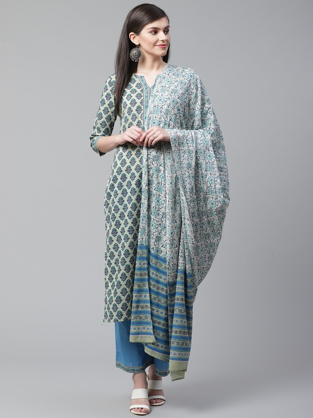 

Indo Era Women Blue & Grey Printed Kurta with Palazzos & Dupatta