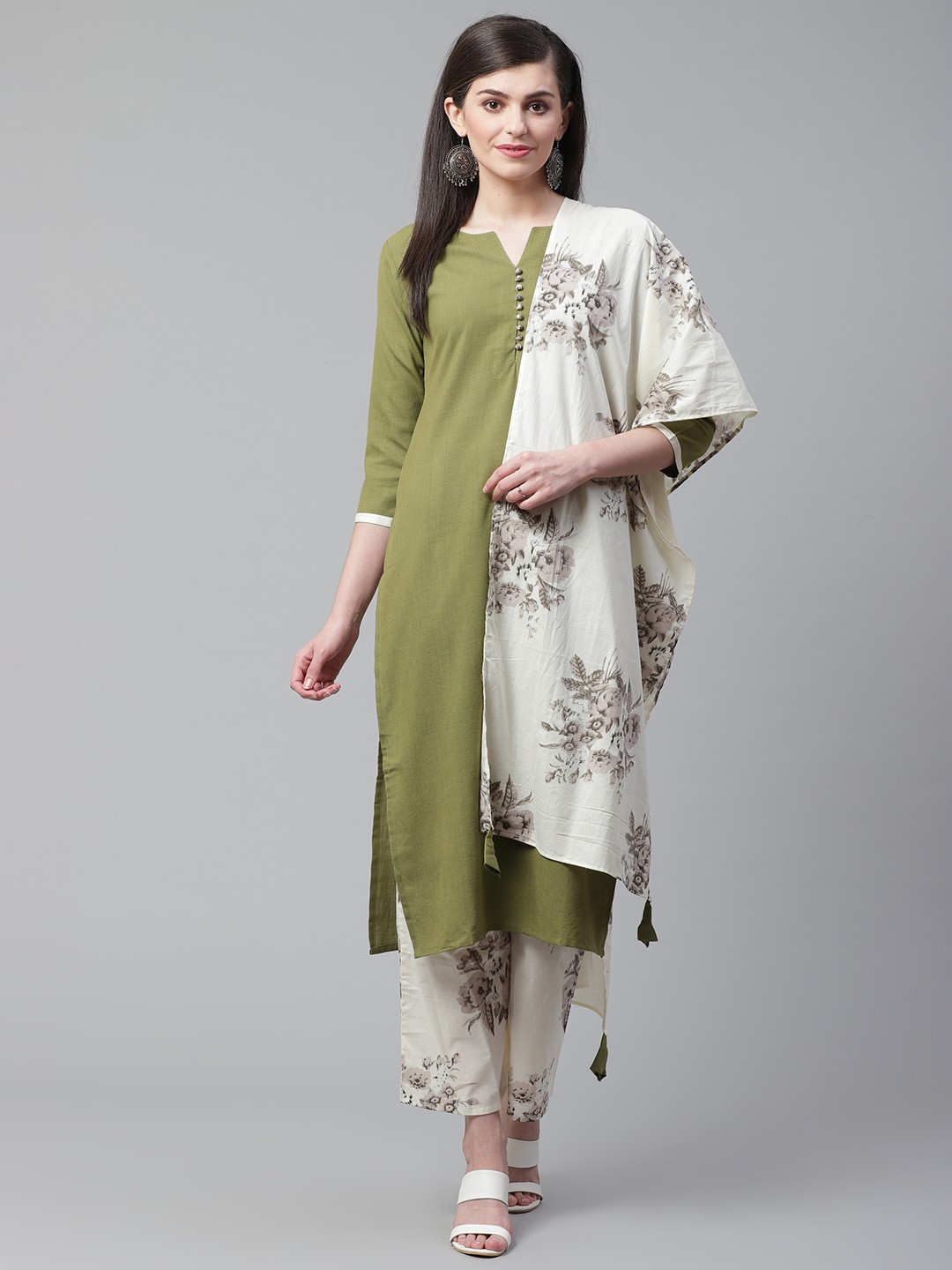 

Indo Era Women Olive Green Solid Kurta with Palazzos & Dupatta