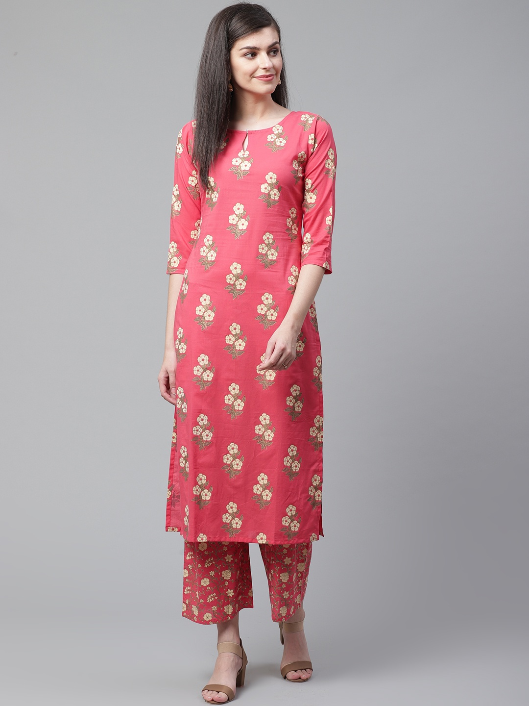 

Indo Era Women Pink & Off-White Floral Print Kurta with Palazzos