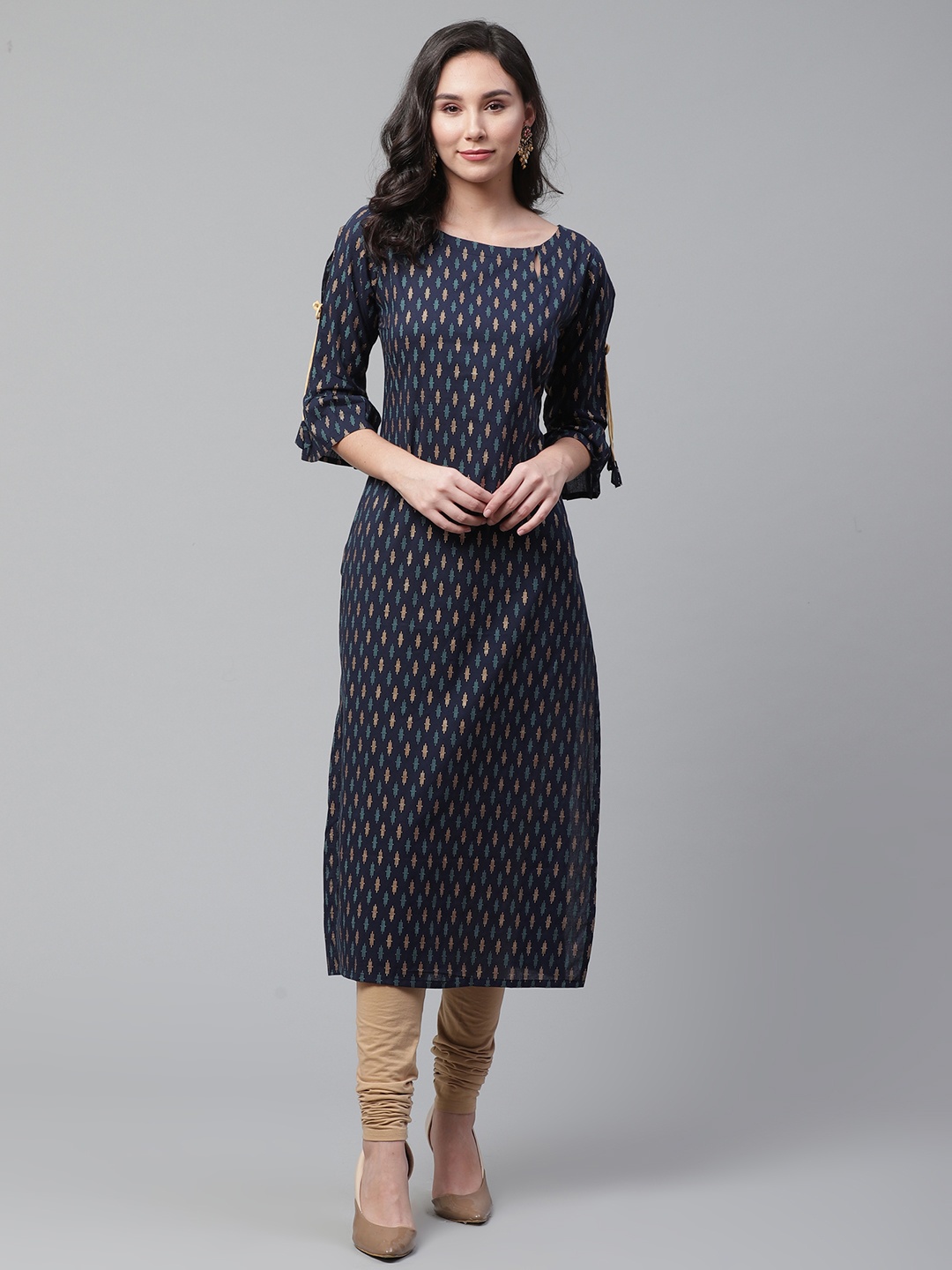 

Indo Era Women Navy Blue & Golden Ethnic Foil Printed Straight Kurta