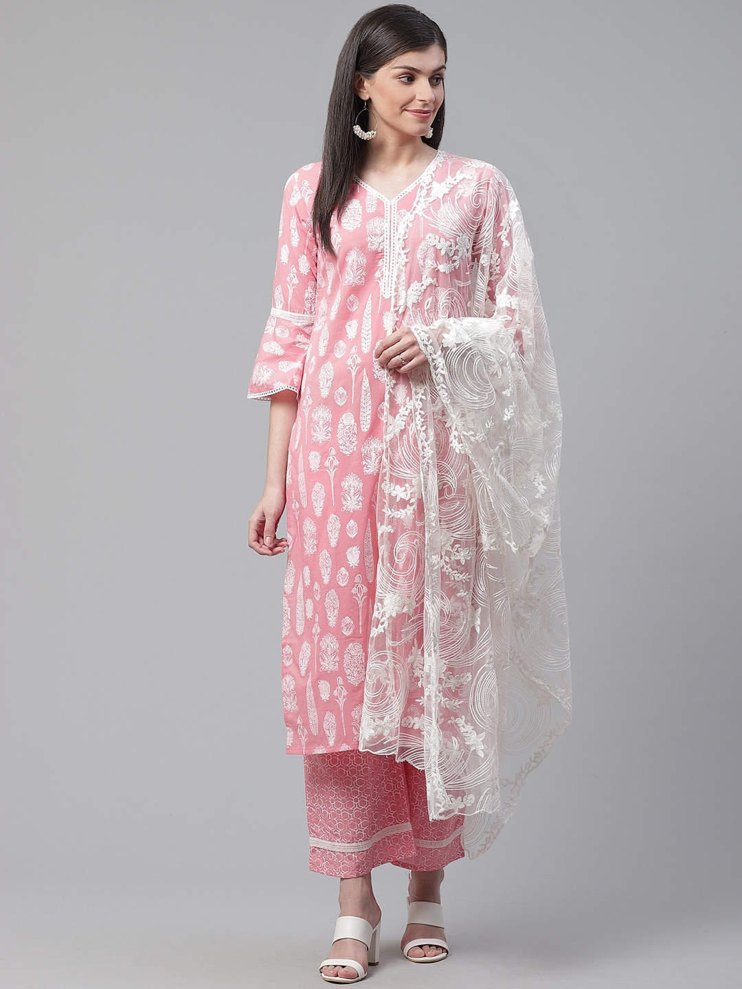 

Indo Era Women Pink & White Floral Foil Print Kurta with Palazzos & Dupatta