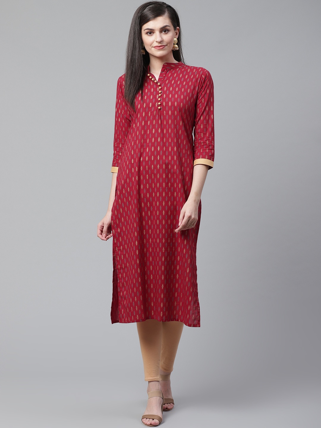 

Indo Era Women Maroon & Golden Ethnic Foil Printed Straight Kurta