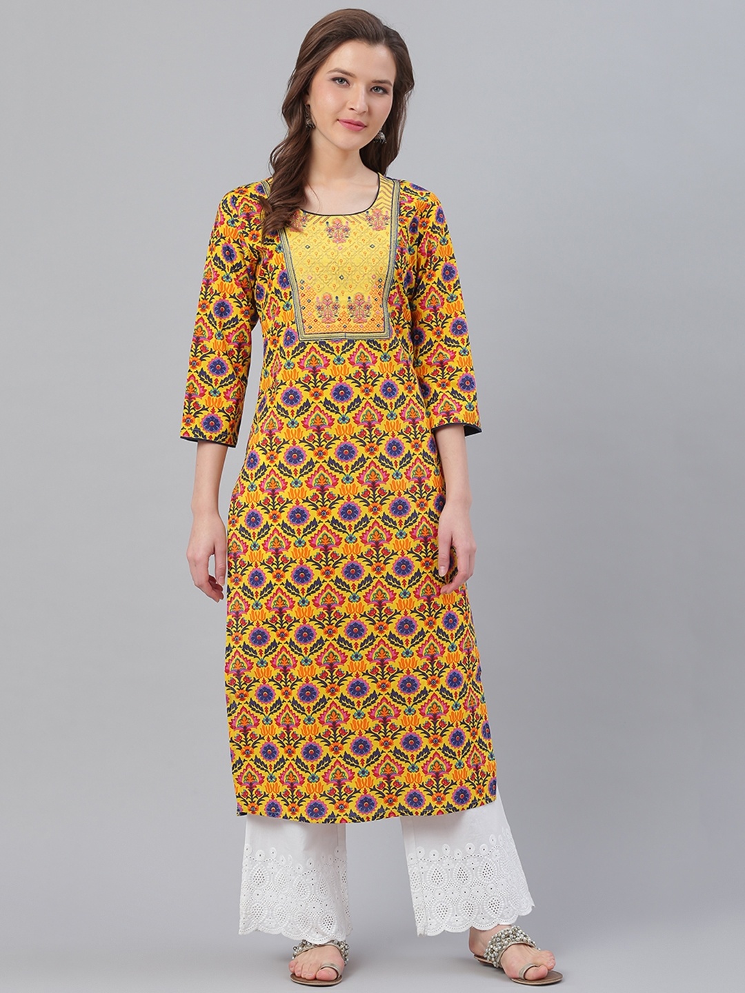 

KSUT Women Yellow & Blue Printed Straight Kurta
