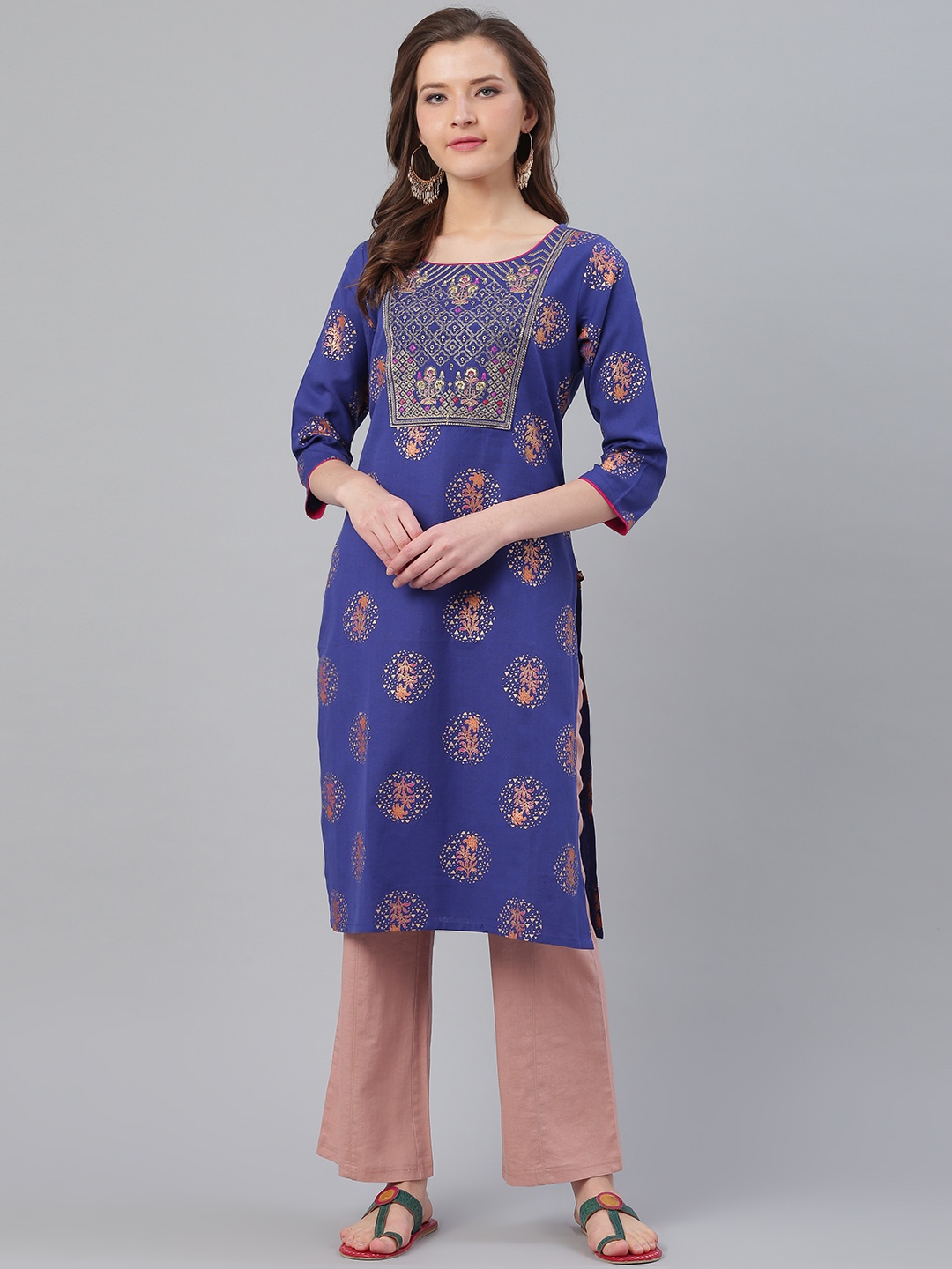 

KSUT Women Blue & Golden Printed Straight Kurta