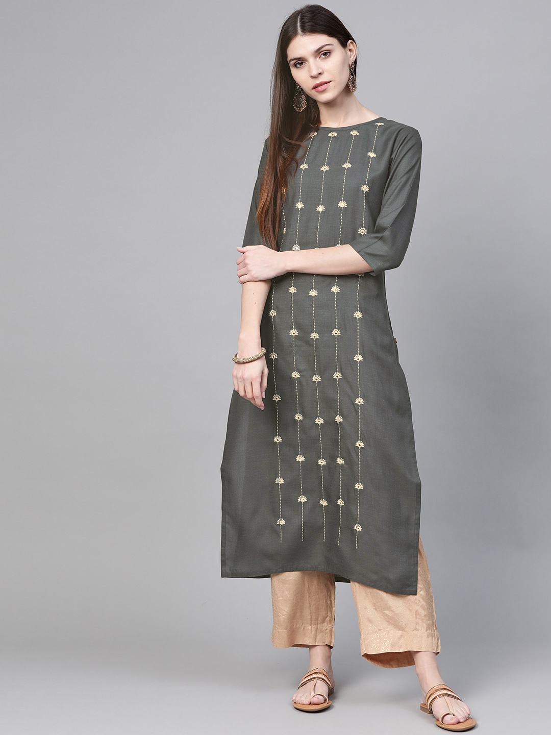 

KSUT Women Charcoal Grey & Beige Embroidered Straight Kurta