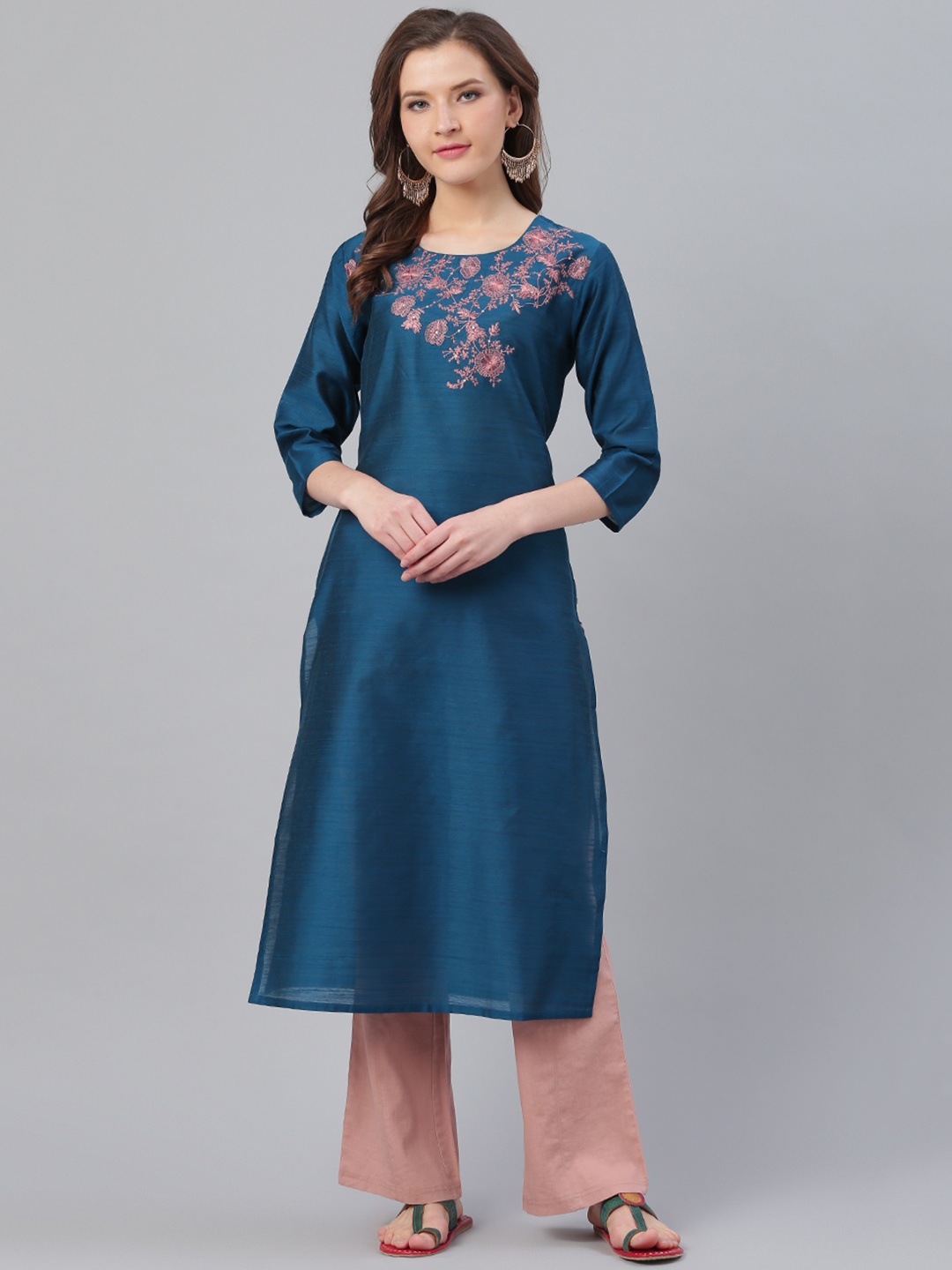 

KSUT Women Teal Blue & Peach-Coloured Yoke Design Straight Kurta