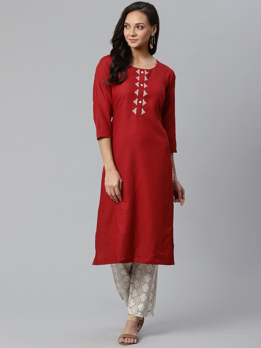 

KSUT Women Maroon & Off-White Solid Kurta with Trousers