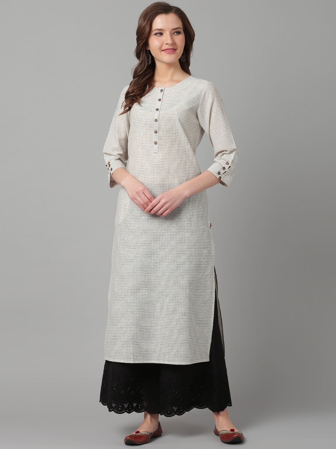 

KSUT Women Off-White & Black Checked Straight Kurta
