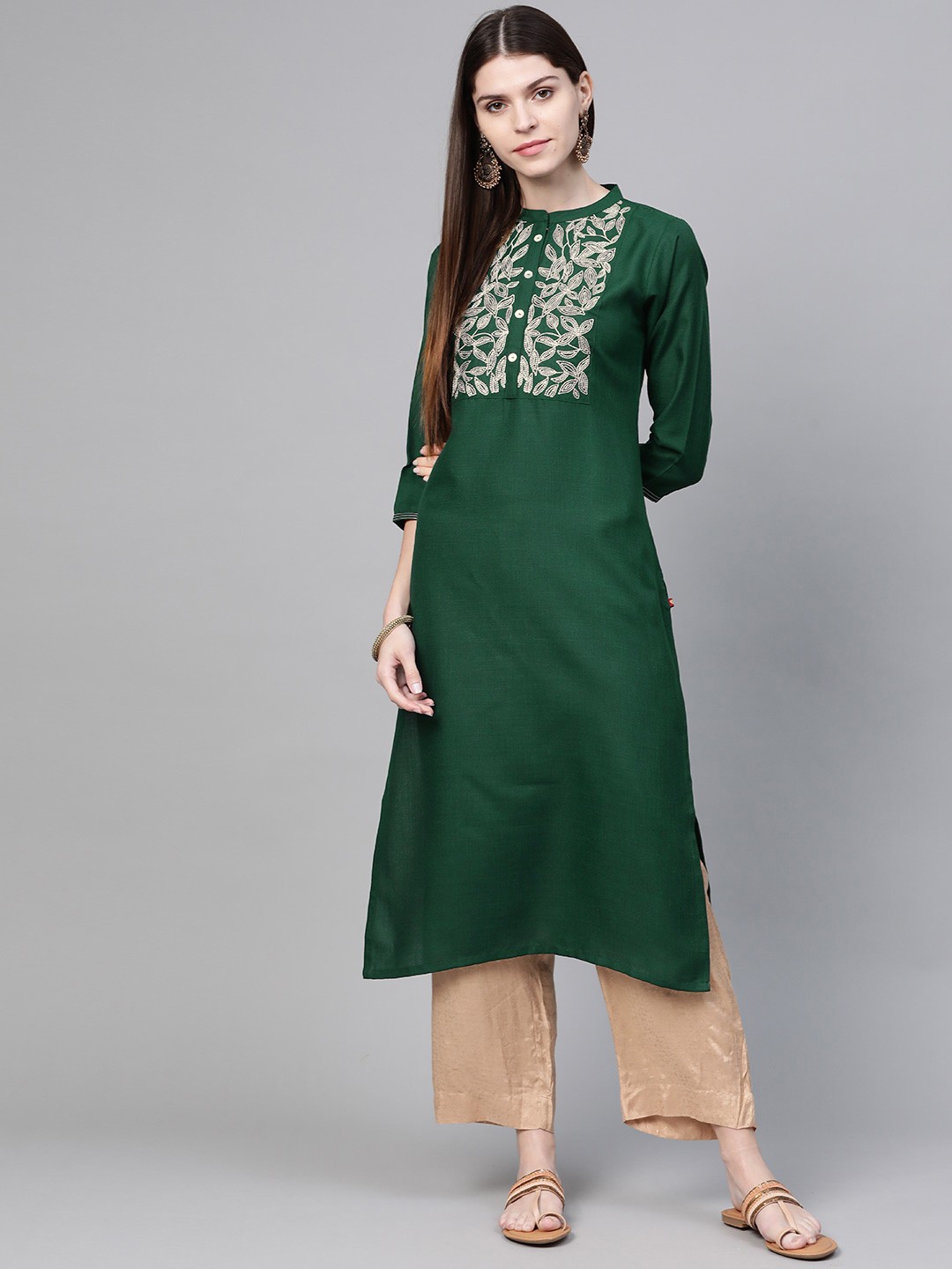 

KSUT Women Green & Golden Zari Yoke Design Straight Kurta